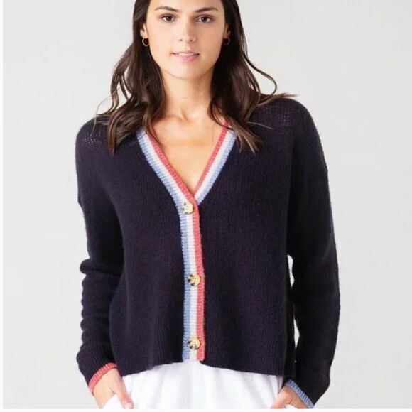Sundry Contrast Stripe Cardigan Tennis Varsity Preppy Navy Wool Cashmere - Picture 8 of 8